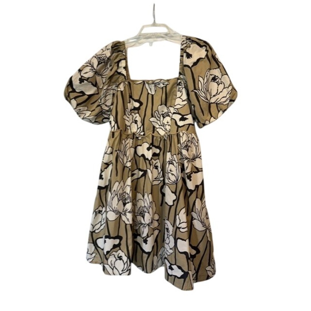 Entro Fall Transition Floral Cotton Midi Dress Puff Sleeve Smocked Back M NEW